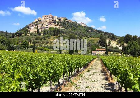 Dorf Bonnieux in der Provence mit Blick auf die Weinberge. Frankreich Stockfoto