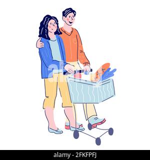 Junges Paar einkaufen im Supermarkt, Cartoon-Vektor-Illustration isoliert auf weißem Hintergrund. Mann und Frau schieben Supermarkt Warenkorb mit g Stock Vektor