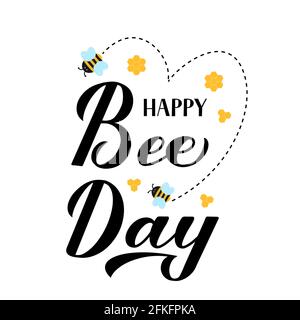 Happy World Bee Day Kalligraphie Handschriftzug mit niedlichen Cartoon Bienen und Waben isoliert auf weiß. Einfache Bearbeitung von Vektorvorlagen für Banner, poste Stock Vektor