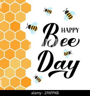 Happy World Bee Day Kalligraphie Handschriftzug mit niedlichen Cartoon Bienen und Waben isoliert auf weiß. Einfache Bearbeitung von Vektorvorlagen für Banner, poste Stock Vektor