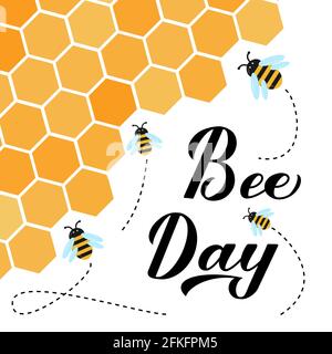 Happy World Bee Day Kalligraphie Handschriftzug mit niedlichen Cartoon Bienen und Waben isoliert auf weiß. Einfache Bearbeitung von Vektorvorlagen für das Logo-Design, Stock Vektor