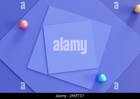 Abstrakter geometrischer blauer Hintergrund mit quadratischen Papierkarten und bunten Kugeln. 3D-Rendering-Illustration. Stockfoto