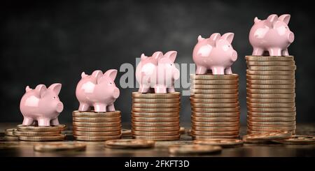 Sparschwein bänke auf Stapel goldener Münzen. Hintergrund des Wachstums-, Einlagen-, Investitions- und Sparkonzepts. 3d-Illustration Stockfoto