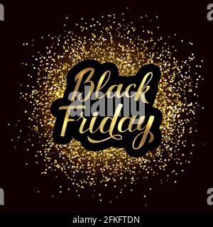 Schwarzer Freitag Kalligraphie-Schriftzug mit Pinsel. Glänzendes Gold Glitter Textur Hintergrund. Kalligraphisches Vektor-Banner für den Verkauf. Leicht zu bearbeitende Vorlage für die Werbeaktion Stock Vektor