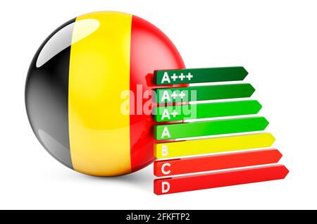 Belgische Flagge mit Energieeffizienzklasse. Leistungszertifikate in Belgien Konzept. 3D-Rendering auf weißem Hintergrund isoliert Stockfoto