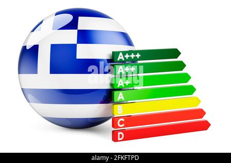 Griechische Flagge mit Energieeffizienzklasse. Leistungszertifikate in Griechenland Konzept. 3D-Rendering auf weißem Hintergrund isoliert Stockfoto
