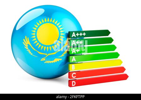 Kasachische Flagge mit Energieeffizienzklasse. Leistungszertifikate in Kasachstan Konzept. 3D-Rendering auf weißem Hintergrund isoliert Stockfoto