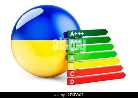 Ukrainische Flagge mit Energieeffizienzklasse. Leistungszertifikate in der Ukraine Konzept. 3D-Rendering auf weißem Hintergrund isoliert Stockfoto