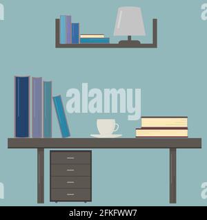 Schreibtisch mit Büchern und einer Tasse Kaffee. Arbeitsplatz des Studenten. Bildungskonzept. Einfach zu bearbeiten Vektor-Design-Vorlage für Ihre Kunstwerke, Websites, Socia Stock Vektor