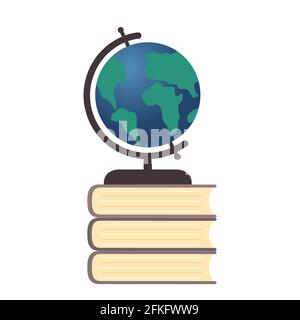 Globus auf einem Stapel Bücher. Flache Vektorgrafik. Arbeitsplatz des Studenten. Zurück zur Schule. Bildungskonzept. Einfache Bearbeitung der Designvorlage für Sie Stock Vektor