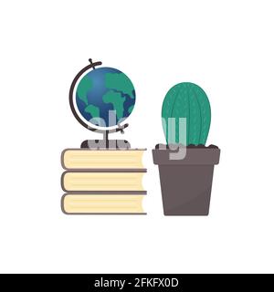 Globus auf einem Stapel von Büchern und Kakteen. Flache Vektorgrafik. Arbeitsplatz des Studenten. Zurück zur Schule und Bildungskonzept. Einfach zu bearbeitende Konstruktion te Stock Vektor