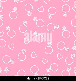 Nahtloses Muster aus handskizzierten Diamantringen und Herzen. Doodle Hochzeit oder Brautdusche Vektor Hintergrund. Einfach zu bearbeitende Vorlage für Stoff, Texti Stock Vektor