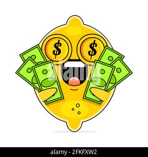 Niedliche Flache Cartoon Zitrone Illustration. Vektor-Illustration von niedlichen Zitrone mit Dollar-Zeichen und smilling Ausdruck. Niedliches Maskottchen aus Zitrone Stock Vektor
