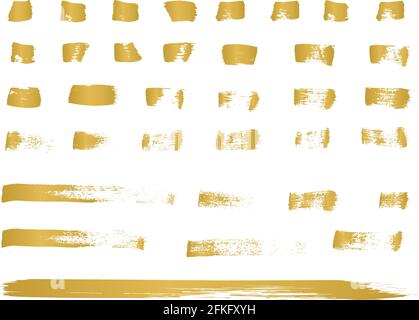 Goldene Pinselstriche isoliert auf Weiß. Set mit 35 grunge Tinte Flecken Formen. Lackierte, strukturierte Linien. Künstlerische Pinsel für Vektorgrafiken. Handgezeichnete Ele lassen sich einfach bearbeiten Stock Vektor
