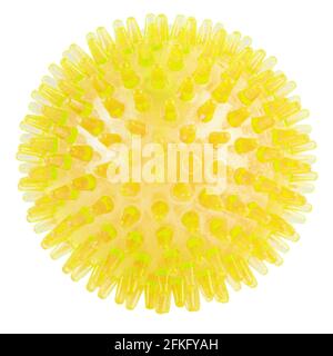 Transparente, gelbe, auf weißem Hintergrund isolierte Kunststoffkugel mit Stacheln - Massagegerät, Hundespielzeug und COVID-19-Coronavirus-Symbol und -Modell Stockfoto