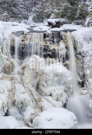 Ein gefrorener Blackwater Falls, bedeckt mit Eis und umgeben von Pinien in Davis, West Virginia, USA Stockfoto