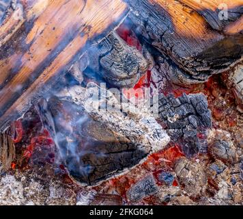 Nahaufnahme einer roten Feuerflamme auf einem brennenden Brennholzbaum. Warmer Winterabend in der Nähe des Kamins, Kochen am Feuer. Stockfoto