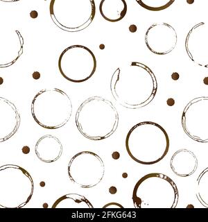 Braune Form von Kaffeeflecken und Tropfen Spritzer nahtloses Muster. Die unteren Ringe der Kaffeetasse sind auf Weiß isoliert. Grunge Kreise und Splatter. Einfach zu bedienen V Stock Vektor