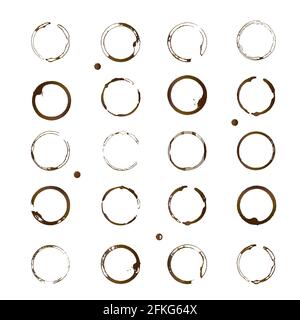 Set mit 20 vektoriellen Kaffeeflecken. Braune Kaffeetassenbodenringe und Tropfen Spritzer isoliert auf weiß. Grunge Kreise. Einfach zu verwendende Designelemente für Stock Vektor