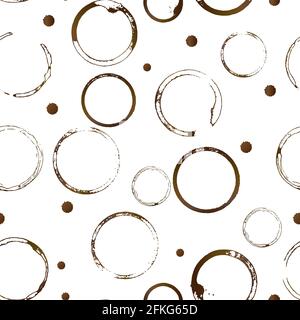 Kaffeeflecken nahtloses Muster. Braune Form von Kaffeetassenunterringen und Tropfen Spritzer isoliert auf weiß. Grunge Kreise und Splatter. Einfach zu bedienen V Stock Vektor