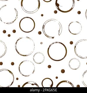 Kaffeetasse unten Ringe nahtlose Muster. Braune Form von Kaffeeflecken und Tropfenspritzern isoliert auf Weiß. Grunge Kreise und Splatter. Einfach zu bedienen V Stock Vektor