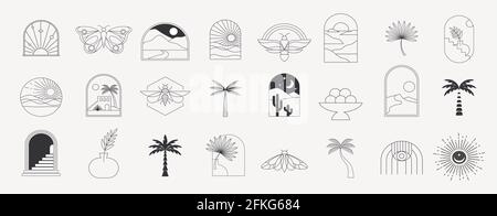 Böhmische lineare Logos, Symbole und Symbole, Sonne, Palmen, Landschaftsgestaltvorlagen, Geometrische abstrakte Designelemente. Moderner minimalistischer Boho-Stil Stock Vektor