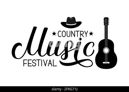 Country Music Festival Schriftzug mit Hut und Gitarre isoliert auf Weiß. Akustikgitarre Musical Show Typografie Poster. Einfache Bearbeitung der Vektorvorlage f Stock Vektor