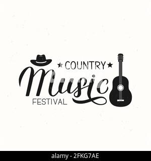 Country Music Festival Schriftzug mit Hut und Gitarre. Schäbige Retro-Inschrift. Akustikgitarre Musical Show Typografie Poster. Vektorvorlage für BA Stock Vektor