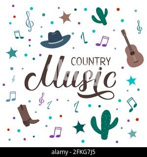 Country Music Schriftzug mit Hut, Cowboy Stiefeln, Noten und Gitarre. Akustikgitarre Musical Show Typografie Poster. Einfache Bearbeitung von Vektorvorlagen für Ban Stock Vektor