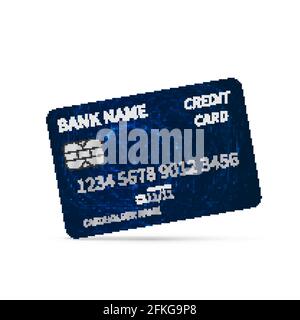Realistisches blaues Kreditkartensymbol auf Weiß isoliert. Detailreiche Plastikkarte mit silberfarbenen Symbolen und Chip. Bank- und Zahlungskonzept. Einfach zu Stock Vektor