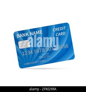 Realistische blaue Kreditkarte auf Weiß isoliert. Detailreiche Plastikkarte mit silberfarbenen Symbolen. Geld und Zahlungen auf der ganzen Welt Konzept. Einfach zu Stock Vektor