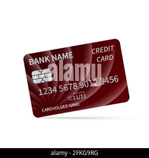 Realistische rote Kreditkarte isoliert auf weiß. Detailreiche Plastikkarte mit silberfarbenen Symbolen. Virtuelles Geld und Online-Zahlung auf der ganzen Welt con Stock Vektor