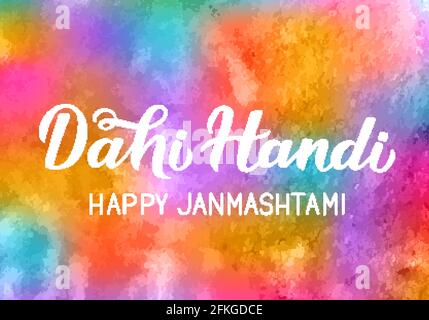 Dahi Handi Handschriftzug auf farbigem Aquarellhintergrund. Traditionelle indische Festival Janmashtami Vektor-Illustration. Einfache Bearbeitung der Vorlage für ty Stock Vektor
