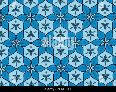 Ein blau florales 30 Grad kaleidoskopisch wiederholendes nahtloses Mustermotiv auf himmelfarbenem Hintergrund. Hochwertige Fotos Stockfoto