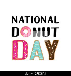 National Donut Day Kalligraphie Schriftzüge und Donuts isoliert auf weiß . Vektorvorlage für Typografie Poster, Banner, Flyer, Aufkleber, T-Shirt, pos. Stock Vektor