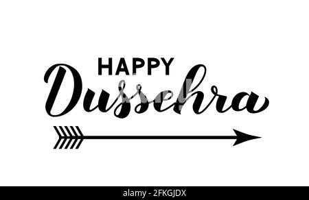 Happy Dussehra Handschriftzug mit Pfeil isoliert auf weiß. Traditionelle hinduistische Feiertagsdarstellung. Leicht zu bearbeitende Vorlage für Typografie-Poster Stock Vektor