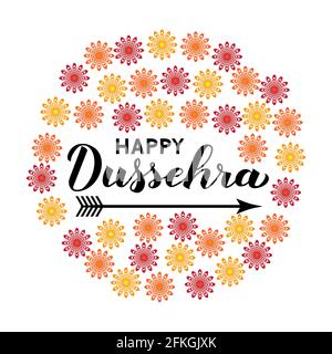 Happy Dussehra Hand Schriftzug mit Pfeil. Vektorgrafik für traditionelle indische Feiertage. Einfach zu bearbeitende Vorlage für Grußkarte, Typografie-Poster, Stock Vektor