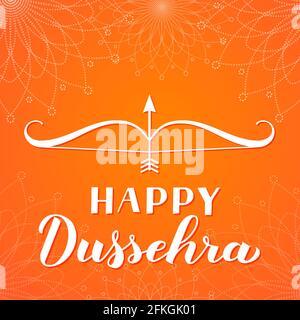 Happy Dussehra Hand Schriftzug mit Pfeil und Bogen. Vektorgrafik für traditionelle indische Feiertage. Einfach zu bearbeitende Vorlage für Typografie Poster, Banner, Stock Vektor