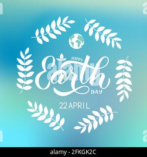 Happy Earth Day Kalligraphie Handschriftzug mit Blättern und Globus auf blauem Hintergrund. Vorlage für Typografie-Poster. Einfache Bearbeitung von Vektorvorlagen für Bann Stock Vektor
