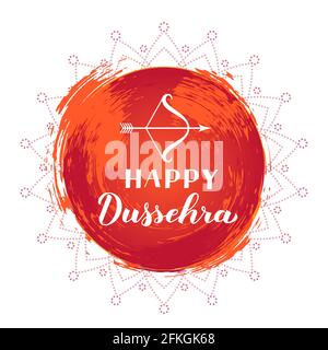 Happy Dussehra Hand Schriftzug mit Pfeil und Bogen. Vektorgrafik für traditionelle indische Feiertage. Einfach zu bearbeitende Vorlage für Typografie Poster, Banner, Stock Vektor