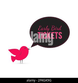 Banner für Frühbuchertickets. Niedlicher Cartoon-Vogel mit Sprechblase. Veranstaltungsposter mit Rabatt oder Verkauf. Ankündigung des Sonderangebots. Einfache Bearbeitung der Vorlage für Stock Vektor