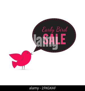 Werbebanner für Frühbucher. Niedlicher Cartoon-Vogel mit Sprechblase. Werbeplakat für die Ankündigung von Sonderangeboten. Social-Media-Marketing. Vektorgrafiken Stock Vektor