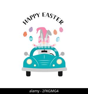 Ostern Retro Auto mit niedlichen Gnome. Plakat zur Osterfeier mit Typografie. Vektordarstellung „Frühlingsferien“. Einfache Bearbeitung der Vorlage für die Einladung von Parteien Stock Vektor