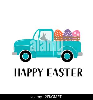 Ostern Retro-LKW mit Eiern. Plakat zur Osterfeier mit Typografie. Vektordarstellung „Frühlingsferien“. Leicht zu bearbeitende Vorlage für Party-Einladung, g Stock Vektor