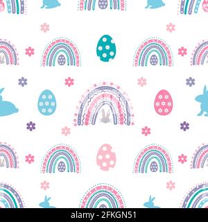 Ostern nahtloses Muster mit Regenbogen, Hase, Eier, Blumen. Cute Ostern Vektor Hintergrund. Stock Vektor