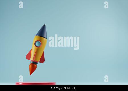 Rakete mit Kopierplatz für Text auf blauem Hintergrund gestartet. Startup-Geschäftskonzept. 3D-Rendering. Stockfoto