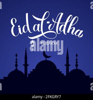 Eid al-Adha Kalligraphie Schriftzug und Silhouette der Moschee gegen den Nachthimmel. Kurban Bayrami Typografie-Poster. Traditionelles islamisches Fest. Vektor t Stock Vektor