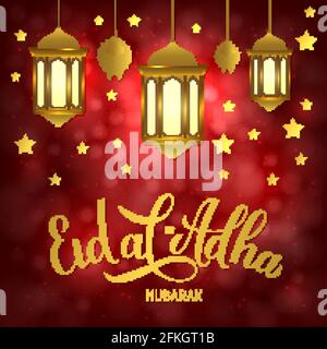 Goldene Laternen mit Eid al-Adha-Schriftzug auf rotem Hintergrund. Kurban Bayrami moslemisches Feiertag-Typografie-Poster. Traditionelles islamisches Fest. Vektorvorlage Stock Vektor