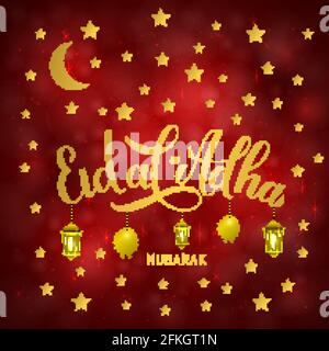 Goldene Laternen mit Eid al-Adha-Schriftzug auf rotem Hintergrund. Kurban Bayrami moslemisches Feiertag-Typografie-Poster. Traditionelles islamisches Fest. Vektortemplatt Stock Vektor