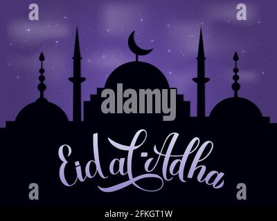 Eid al-Adha Kalligraphie Schriftzug und Silhouette der Moschee gegen den Nachthimmel. Kurban Bayrami Typografie-Poster. Traditionelles islamisches Fest. Vektor t Stock Vektor